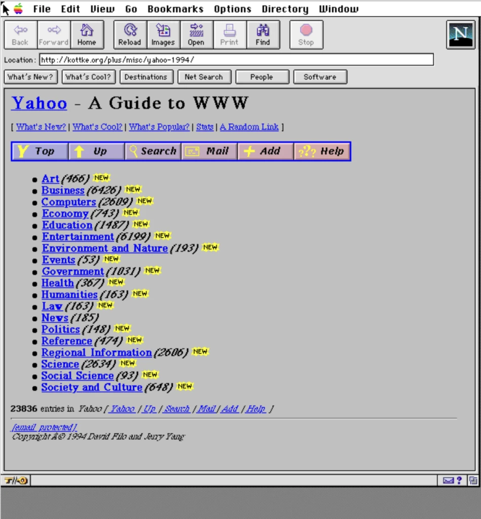 A screenshot of the yahoo.com homepage from 1994